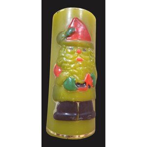 Gurley Vintage Green Santa Claus Decorative Pillar Wax Candle Red Hat Gold Trim